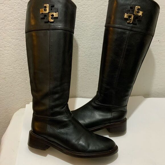 Tory Burch Lowell 2 Logo Brown  Leather Knee High Riding Boot 7 M Excellent - Picture 14 of 15